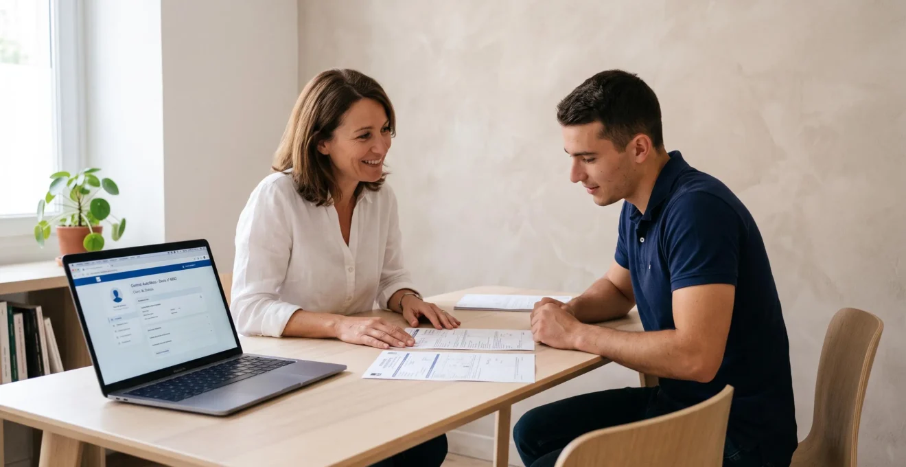 Conseillère en assurance et jeune client motard examinant ensemble un certificat de cession sur un bureau dans une agence contemporaine française