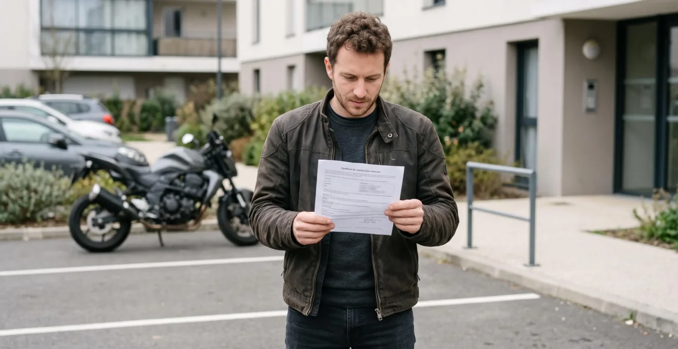Motard trentenaire en blouson tenant un certificat de cession français avec sa moto sportive garée en arrière-plan sur un parking résidentiel contemporain