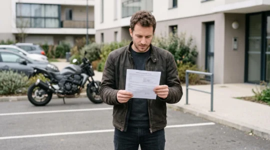 Motard trentenaire en blouson tenant un certificat de cession français avec sa moto sportive garée en arrière-plan sur un parking résidentiel contemporain