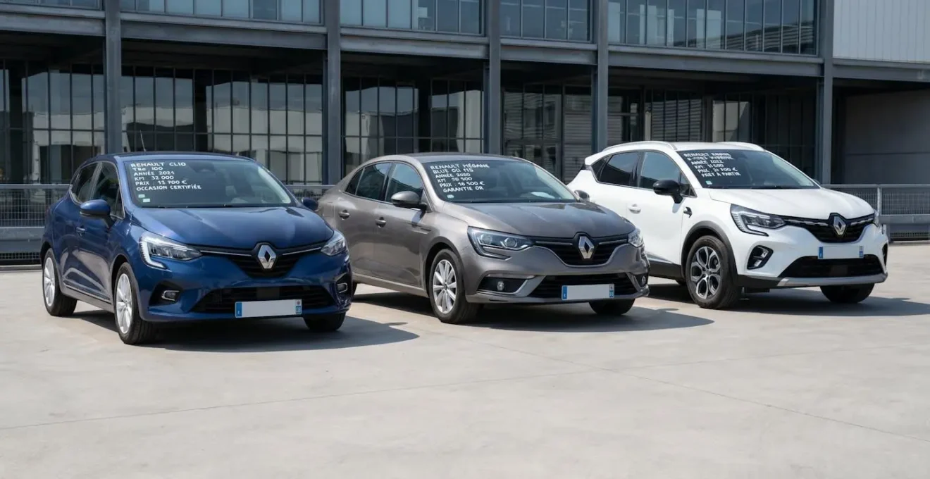 Trois véhicules Renault d'occasion récents alignés sur un parking de plateforme de vente : une Clio bleue, une Mégane grise et un Captur blanc, avec étiquettes de prix en français sur les pare-brises