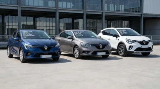 Trois véhicules Renault d'occasion récents alignés sur un parking de plateforme de vente : une Clio bleue, une Mégane grise et un Captur blanc, avec étiquettes de prix en français sur les pare-brises